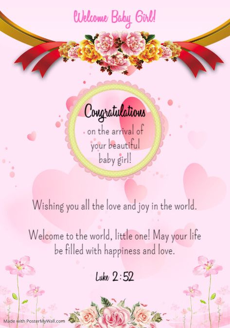 Editable Congratulations on Baby Girl Arrival Card New Baby Girl Wishes, Congratulations On Your Baby Girl, Congratulations On Baby, How To Congratulate Someone, Baby Girl Arrival, Congratulations Baby Girl, Newborn Congratulations, Newborn Baby Hospital