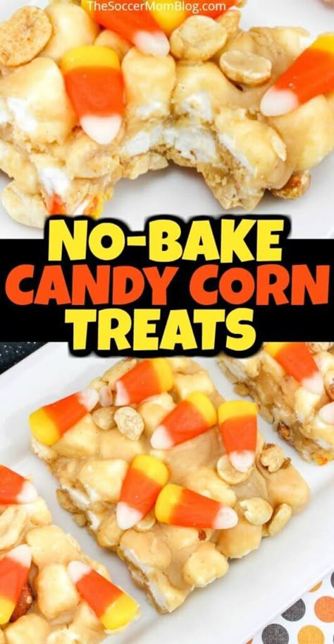 These Crunchy Candy Corn Marshmallow Treats are packed with pure awesomeness!! Peanuts, peanut butter marshmallows, and of course, candy corn — these easy candy corn candy bars are a unique Halloween dessert! Candy Corn Bars, Candy Corn Desserts, Easy Halloween Cookies Recipes, Candy Corn Recipe, Halloween Cookie Recipes, Cheesecake Oreo, Easy Candy, Treat Bar, Halloween Fruit