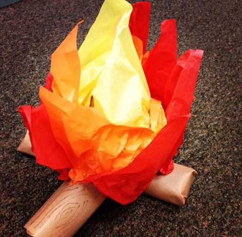 Tissue paper fire for breakfast with Jesus How To Make Flames Out Of Tissue Paper, Fire Out Of Tissue Paper, Fire Furnace Bible Craft, How To Make Fake Fire With Tissue Paper, Cardboard Fire Flames, Diy Fake Fire, Tissue Paper Fire, Fire Theme, Fake Fire