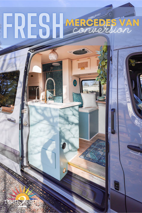 rain2shine custom-built this 2022 Mercedes Sprinter van for a couple wanting to fulfill their retirement dreams. Featuring a wood and marble kitchen backsplash and a geometric shower tile. Athena has a pull-out toilet, hidden in a bench that slides into the shower when needed. With an impressive electric setup utilizing a Victron system, it also includes copper tubing throughout for a heated floor. It's temperature regulated by a 12 volt Nomadic A/C and a diesel powered heater. #vanconversion Van Kitchen Backsplash, Mercedes Sprinter Conversion, Mercedes Sprinter Van Conversion, Sprinter Van Interior Ideas, Wood And Marble Kitchen, Mercedes Sprinter Camper Conversion, Van Conversion Shower, Van Conversion Kitchen, Sprinter Camper Conversion