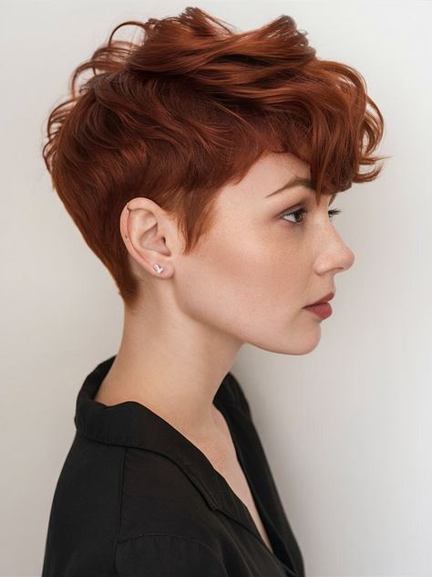 Trendy Messy Pixie Haircuts: Chic Styles for Modern Women Short Copper Hair Pixie Hairstyles, Copper Pixie Cut, Messy Pixie Haircuts, Copper Pixie, Short Copper Hair, Copper Curls, Short Textured Haircuts, Pixie Bangs, Messy Pixie Haircut