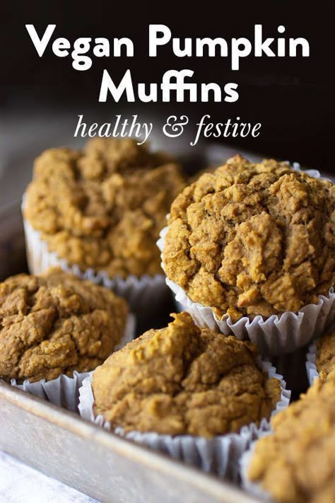 These healthy vegan pumpkin muffins are so easy to make and really tasty! Low in sugar and oil-free, they can are made with whole food ingredients. Easy gluten-free option! Perfect for a holiday dessert, breakfast or snack. #VeganPumpkinMuffins #HealthyVeganDessert #VeganThanksGivingIdea #HealthySnackForKids Vegan Holiday Desserts, Pumpkin Muffins Recipe, Vegan Pumpkin Muffins, Pumpkin Muffin Recipes, Healthy Vegan Desserts, Dessert Breakfast, Vegan Thanksgiving, Healthy Pumpkin, Vegan Pumpkin