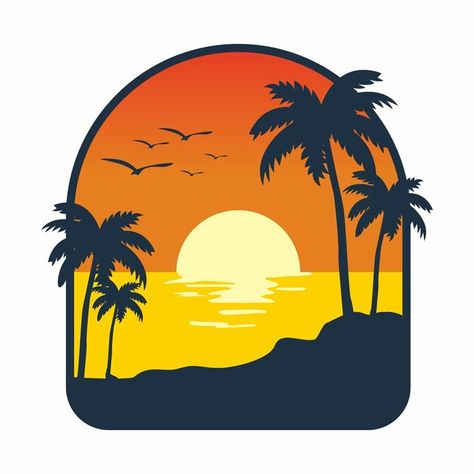 Beach Vector Art, Beach Illustration Design, Beach Illustration Art, Sunset Logo Design, Orange Sunset Beach, Sunset Vector Illustration, Sunset Cartoon, Sunset Icon, Outdoors Logo Design