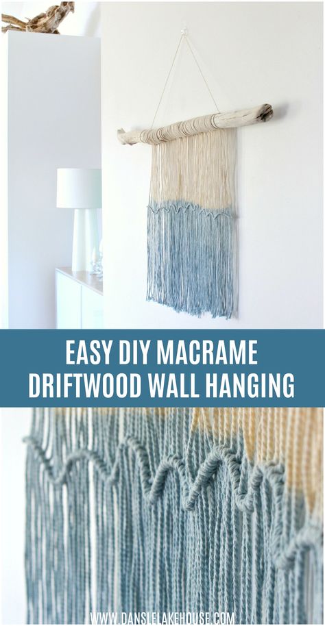 Easy DIY Macrame and Driftwood Wall Hanging | Dans le Lakehouse. Check out the tutorial for this easy macrame wall hanging! It's just ONE knot - the perfect beginner macrame project. Easy macrame wall hanging DIY to get you into string wall art. You'll love this simple macrame wall hanging - I dip dyed it for extra interest! Click through for more driftwood projects, driftwood wall art, driftwood decor, and driftwood crafts! It's easy to make your own coastal decor with this project. #macrame Diy Outdoor Candles, Simple Macrame Wall Hanging, Easy Macrame Wall Hanging, Easy Diy Macrame, Crafts For Home Decor, Driftwood Wall Hanging, Driftwood Macrame, Mom Crafts, Simple Macrame