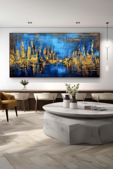 Original handmade blue and gold abstract painting with textured brushstrokes depicting a cityscape reflection on water Cityscape Reflection, Large Scale Artwork, Gold Abstract Painting, Gold Wall Art, Textured Canvas Art, Handmade Wall Art, Canvas Decor, Handmade Artwork, Textured Wall Art