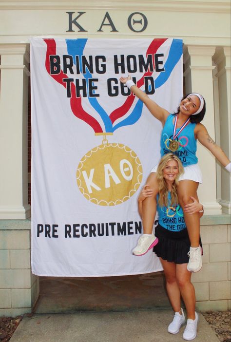 bring home the gold, auburn university, kappa alpha theta Spirit Week Ideas Sorority, Sorority Recruitment Banners, Senior Year Shirts, Recruitment Banner, Greek Games, Adpi Recruitment, Sorority Recruitment Themes, Freshman Orientation, Sorority Pins