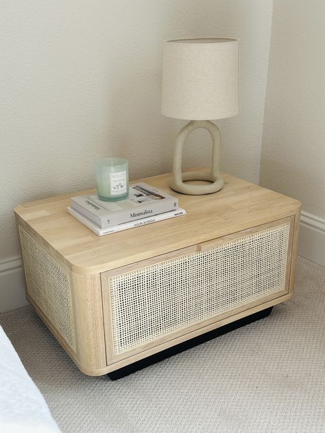 japandi bedside table wood and cane Japandi Bedside Table, Mid Century Modern Wood Furniture, Low Nightstand, Boho Apartment Living Room, Japandi Bed, Low Bedside Table, Interior Design Japandi, Custom Furniture Ideas, Minimalist Wood Furniture