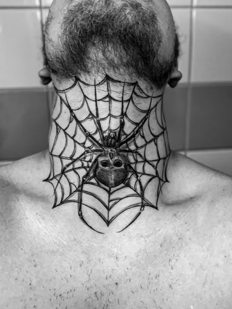 Spiderweb Throat Tattoo, Spider Web Throat Tattoo, Spider Throat Tattoo, Spiderweb Neck Tattoo, Web Neck Tattoo, Spider Web Neck Tattoo, Throat Tattoo For Guys, Throat Tattoo Ideas, Throat Tattoos