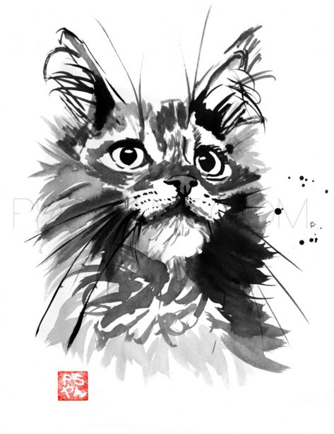 Cat Art Painting, Sumi E Painting, Tinta China, Black Cat Art, Watercolor Cat, Animals Artwork, Animal Sketches, Sumi E, Art And Illustration