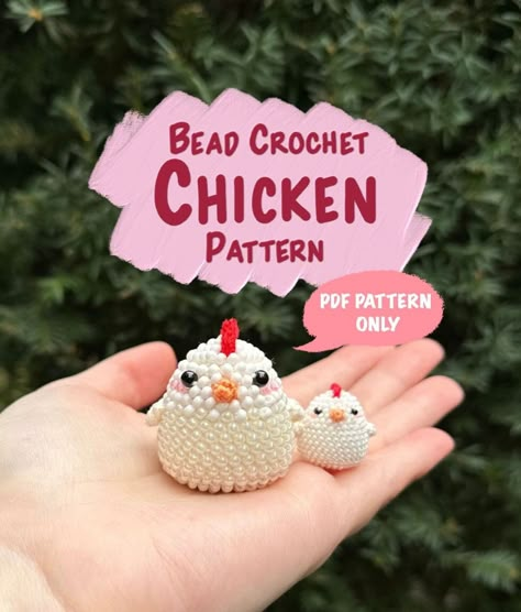 🌟 NOTE: This is a DOWNLOADABLE PDF PATTERN, not a physical product! 🌟 This pattern is available in English (US terms). It consists of 13 pages of detailed step-by-step instructions for bead crocheting an amigurumi chicken. Pattern includes bead crochet diagrams and close up photos of all of the bead crochet techniques and stitches you will need to know.  The size of the finished chicken is around 4.5cm tall using size 8/0 seed beads, DMC 6 stranded embroidery floss, and a 1.75 mm crochet hook. Pattern also includes information about the different hook and thread sizes needed if you are interested in crocheting with different size beads.  Skill level: Intermediate. I would not recommend trying this pattern without a basic knowledge of crochet/amigurumi. This crochet pattern will be availa Beaded Chicken, Crochet Chicken Pattern, Diy Stuffed Animal, Amigurumi Chicken, Crochet Beading, Crochet Diagrams, Monkey Crafts, Animal Amigurumi, Chicken Pattern