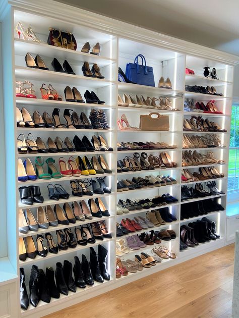 Organizing shoes in a beautiful way brings joy to your day and makes it easy to see what you have of each color and style.  Add a pop of style by adding your favorite purses. Purse Display, Master Closet Organization, Closet Shoe Storage, Reach In Closet, Closet Design Layout, Closet Room, Vanity Room, Build A Closet, Closet Remodel