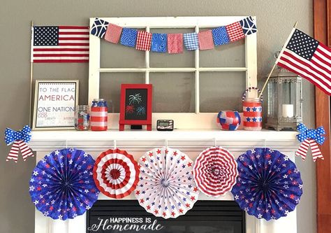 4th Of July Fireplace Decor, Fourth Of July Mantle, Minc Foil, July 4th Holiday, Paper Fan Decorations, Mantle Ideas, Memorial Day Decorations, Fourth Of July Decorations, Happiness Is Homemade