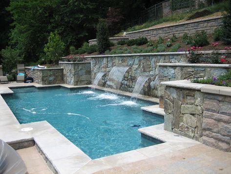 Image detail for -Hillside Pool, Terraced Retaining Walls, Lighting, Landscape,Ipe ... Pools In A Sloped Backyard, Pool Retaining Wall, Hillside Pool, Pool Waterfalls, Backyard Lighting Ideas, Pool Landscaping Ideas, Pool Renovation, Pool Remodel, Landscaping Retaining Walls