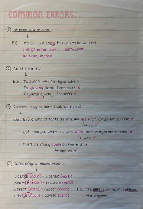 concord error, commonly confused words, split infinitive, comma splice error #english #aestheticnotes #studynotes #easystudying #highschool #englishlanguage Grade 11 English Notes, College English Notes, Sat English Notes, Ged Notes, 8th Grade Notes, English Notes Aesthetic, 7th Grade Notes, Ela Notes, Comma Splice