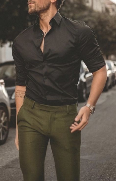 With olive trousers | #mensshirts #businesscasualoutfits #mensfashion #menswear Green Trousers Outfit Men, Black Shirt Combination, Green Trousers Outfit, Formal Shirt Design, Formal Dresses For Men, Mens Smart Casual Outfits, Mens Business Casual Outfits, Chique Outfit, Shirt Outfit Men