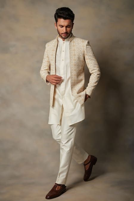 Buy Beige Rayon Embroidered Geometric Bandhgala And Kurta Set For Men by Gargee Designers Online at Aza Fashions. 25th Anniversary Outfit, Indo Western For Men Indian Weddings, Indowestern Outfits For Men, Indo Western Dress For Men, Indowestern Outfits, India Fashion Men, Indo Western For Men, Anniversary Outfit, Wedding Kurta For Men