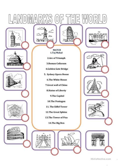 LANDMARKS OF THE WORLD - English ESL Worksheets Landmarks Of The World, Study Wallpaper, Geography For Kids, History Worksheets, Teaching Geography, Homeschool Geography, World Geography, Teaching Social Studies, English Activities