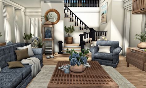 Blockburg Interior Ideas, Bloxburg Cozy Living Room, Custom Stairs Bloxburg, Bloxburg House Ideas Living Room, Bloxburg Coastal Living Room, Living Room Designs Bloxburg, Great Room Furniture Layout, Bloxburg House Interior, Living Room Bloxburg