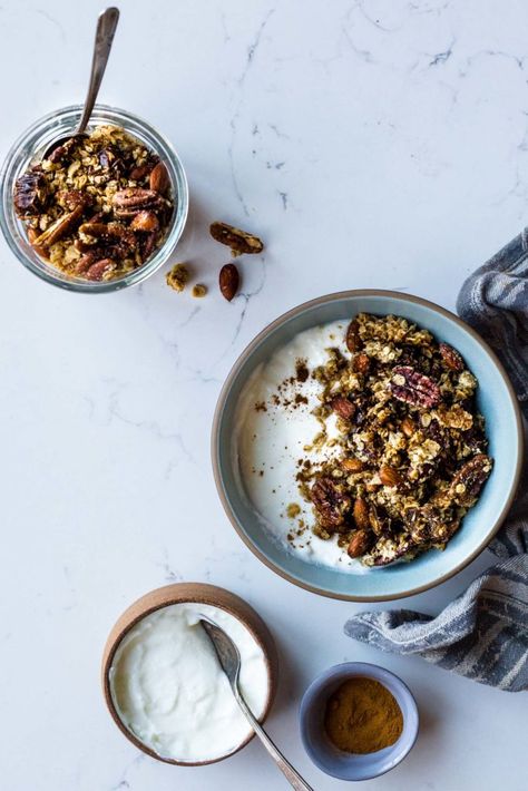 Honey Cardamom & Tahini Granola - Dishing Up the Dirt Tahini Granola, Breakfast Photography, English Breakfast, Granola Recipes, Savory Breakfast, Homemade Granola, Breakfast Bowls, Healthy Breakfast Recipes, Tahini