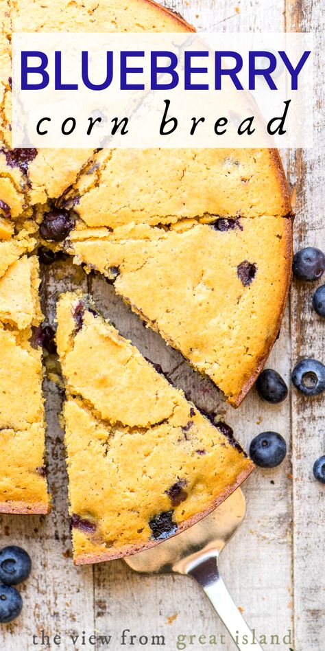 Blueberry Cornbread ~ I've fallen hard for this berrylicious cornbread, I serve it with chilis, chowders, and stews, or even as an rustic breakfast cake! #quickbread #sidedish #recipe #easy #blueberries #buttermilk #sweet #quick #healthy #homemade #moist Blueberry Buttermilk Breakfast Cake, Rustic Breakfast, Blueberry Cornbread, Blueberry Buttermilk Pancakes, Breakfast Cake Recipes, Island Recipes, Blueberry Breakfast Cake, Skillet Cornbread, Blueberry Breakfast