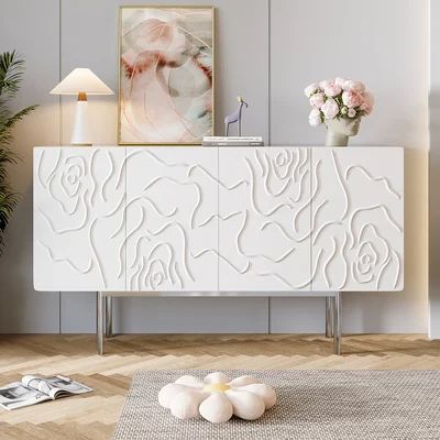 59" White Sideboard Buffet with Doors Modern Carved Credenza Adjustable Shelves Modern White Sideboard, Black Wood Sideboard, Curated Aesthetic, Minimalist Sideboard, White Sideboard Buffet, Lake House Furniture, Foyer Furniture, Modern Sideboard Buffet