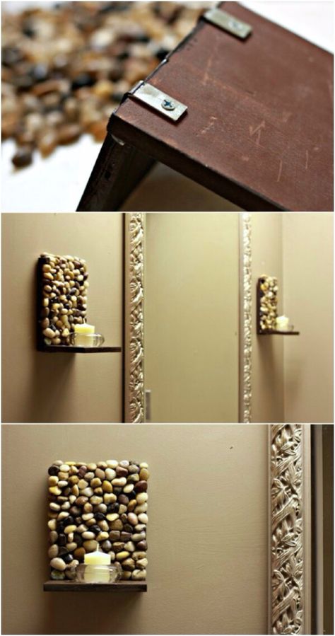 Pebble and Stone Crafts - DIY Stone Sconces - DIY Ideas Using Rocks, Stones and Pebble Art - Mosaics, Craft Projects, Home Decor, Furniture and DIY Gifts You Can Make On A Budget http://diyjoy.com/diy-pebble-stone-crafts Pebble Crafts, Cheap Diy Crafts, Rock And Pebbles, Painted Rocks Diy, Stones Diy, Outdoor Diy Projects, Rock Decor, Outdoor Diy, Diy Home Decor On A Budget