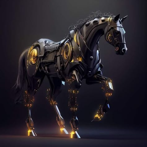 horse painting Mechanical Horse, Steampunk Robot, Mechanical Animals, Robot Animal, Horse Armor, Oc Inspiration, Fantasy Horses, Gold Horse, Fantasy Beasts