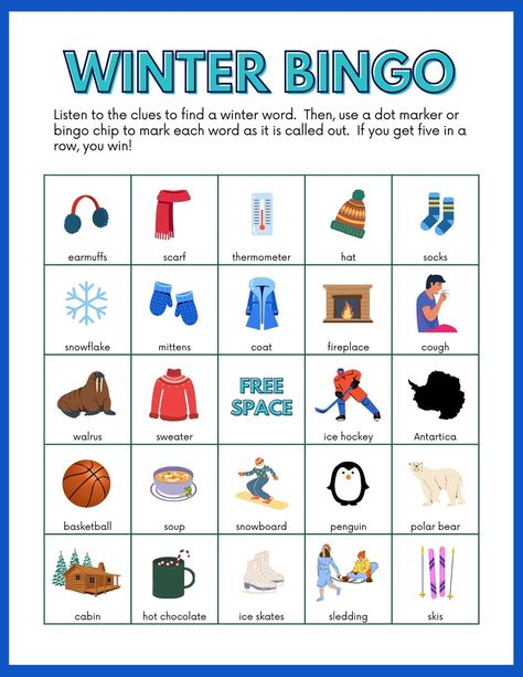 Color Illustrated Winter Bingo and Calling Cards for Speech Therapy - Templates by Canva Therapy Templates, Winter Bingo, Preschool Christmas Party, Speech Therapy Worksheets, Bingo Chips, Bingo Template, English Activities For Kids, Winter Words, Bingo Printable