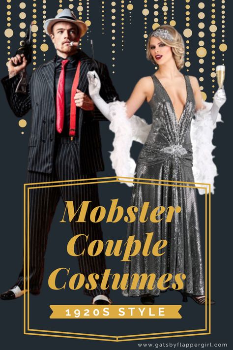 1920s Couple Costumes for Halloween and themed events. Gorgous flapper dresses and men's gangster outfits. Turn heads at your next event - dress to impress with these styles! Flapper Couple Costume Roaring 20s, Mobster Couple Costume, Flapper Couple Costume, Gangster Couple Costume, Halloween Costumes Gangster, 1920s Couple Costume, 1920s Outfits Women, 1920s Gangster Women, Great Gatsby Halloween Costume