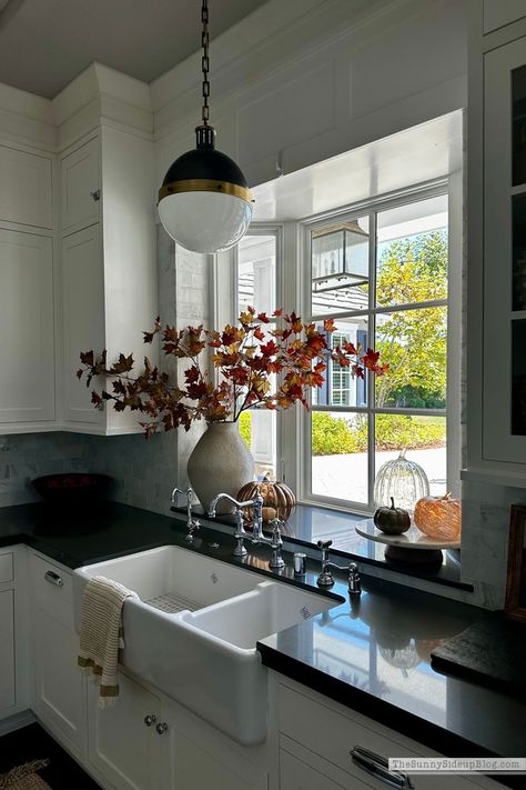 Fall Kitchen - The Sunny Side Up Blog Kitchen Sink Window Bump Out, Bay Window Behind Kitchen Sink, Big Window Above Kitchen Sink, Kitchen Window Bump Out, Kitchen Sink Bay Window, Kitchen Bay Window Over Sink, Over Sink Decor, Kitchen Window Decor Over Sink, Window Above Kitchen Sink