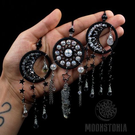 Mini black shiny Dream catcher Mooncatcher crystals rear view mirror charm car decor hanging Swarovski Suncatcher accessory celestial amulet Dream Catcher Diy, Rear View Mirror Charm, Decor Hanging, Car Mirror, Diy Arts And Crafts, Diy Pendant, Car Decor, Rear View Mirror, Rear View