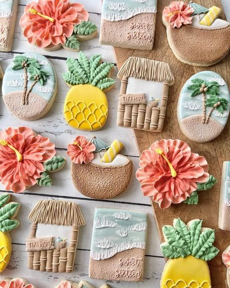 Hawaiian Birthday Cookies Decorated, Aloha Cookies Decorated, Luau Decorated Cookies, Pineapple Cookies Decorated, Beach Sugar Cookies, Hawaiian Birthday Cakes, Luau Cookies, Summer Birthday Cake, Beach Birthday Cake