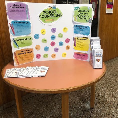 School Counselor Open House Table, School Counselor Open House Ideas, School Counselor Open House, Elementary School Counseling Office, Open House Gifts, Counseling Skills, School Counseling Bulletin Boards, Counseling Tips, School Counseling Office