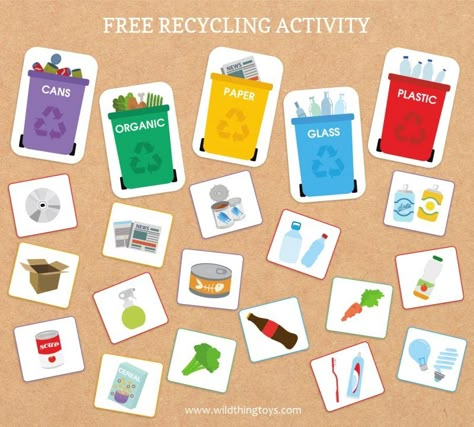 A fun printable activity and recycling game to help your kids get familiar with recycling. Great as part of an earth day activity. Recycle Preschool, Recycling Games, Recycling Activities For Kids, Recycling Lessons, Earth Day Activity, Recycling For Kids, Recycling Activities, Earth Day Projects, Practical Life Activities