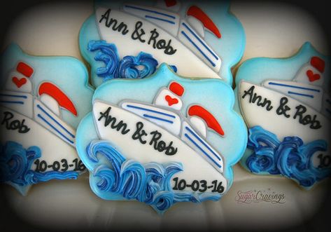 Cruise Cookies, Wedding Shower Desserts, Ship Cookies, Cruise Ship Wedding, Train Cookies, Engagement Cookies, Beach Cookies, Shipping Cookies, Shower Desserts