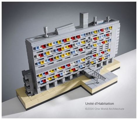 "Unite d’Habitation" (1952) in Marseille, France by architect Le Corbusier. "Unite" is a massive scale apartment building initally designed for lower income families in France. / LEGO model by One World Architecture firm.: Lego Architecture Building, Architecture Set, Micro Lego, World Architecture, Architectural Model, Lego House, Lego Architecture, Lego Models, Lego Projects