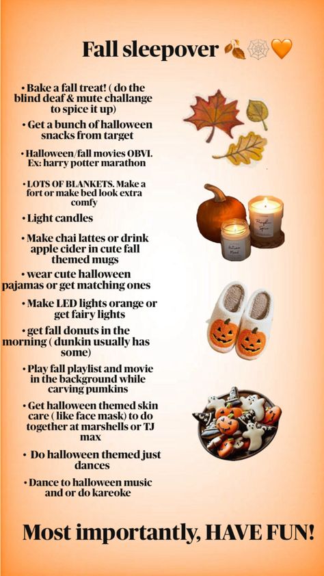 #fall #autumn #sleepover #halloween #aesthetic Fall Sleepover Ideas, Autumn Sleepover, Sleepover Halloween, Fall Sleepover, Halloween Things To Do, Fun Sleepover Activities, Fall Donuts, Teen Sleepover Ideas, Fun Sleepover Games