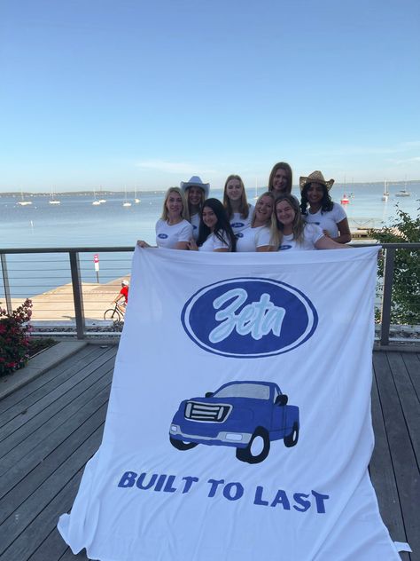 Ford sorority theme #wiscozta #workweek #uwmadison #zlam #zetataualpha #zta Ford Big Little Theme, Ford Themed Bid Day, Ford Sorority Theme, Built To Last Bid Day, Ford Bid Day, Spirit Week Themes, Banners Ideas, Sorority Themes, Spring Recruitment