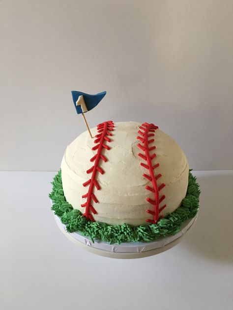 Baseball birthday party smash cake. Buttercream design with fondant "stitching." 1st Birthday Baseball Theme Smash Cake, Birthday Cake Baseball Theme, Smash Cake Baseball Theme, Baseball Birthday Smash Cake, 1st Birthday Baseball Smash Cake, Smash Cake Baseball, How To Make A Baseball Cake, Buttercream Baseball Cake, Round Baseball Cake