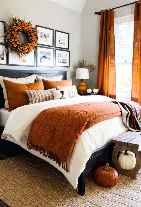 Discover 30 cozy fall bedroom decor ideas, including autumn-themed art and rugs, for a warm and inviting autumn sanctuary. Cozy Fall Bedroom Ideas, Room Ideas Aesthetic Fall, Quilt On Bed, Fall Room Inspiration, Halloween Bedroom Aesthetic, Fall Bedroom Aesthetic, Fall Decor Ideas For Apartments, Autumn Bedroom Decor, Bedroom Fall Decor