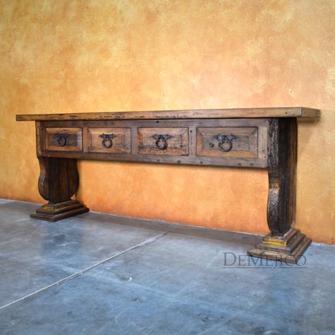 Spanish Style Console Table, Mexican Console Table, Mexican Furniture Rustic, Painted Spanish Furniture, Hacienda Style Table Decor, Spanish Furniture Hacienda Style, Mexican Furniture Hacienda Style, Spanish Furniture Design, Southwest Interiors