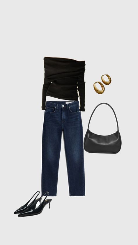 Off shoulder top, dark denim jeans, ankle jeans, kitten heels, gold earrings, shoulder bag Kitten Heels Outfit Casual, Cute Dinner Outfit, Dinner Outfit Ideas, Kitten Heels Outfit, Cute Dinner, Casual Heels Outfit, Outfit Dinner, Outfit Cute, Heels Outfits