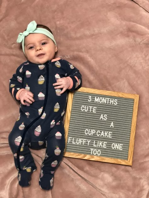 Baby girl Letterboard • Cute as a cupcake 🧁 3 Months Old Baby Caption, 3 Month Old Milestones Pictures, 3 Month Old Milestones Photo Shoot, 3 Months Baby Photography, 3 Month Old Baby Pictures, Baby Captions, 2 Month Baby, Baby Milestones Pictures, Monthly Pictures