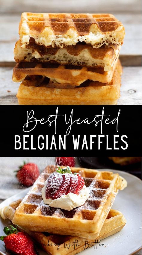 These yeasted Belgian waffles (Brussels waffles) make the best waffles that are crispy on the outside with a light and fluffy interior. Yeast Waffles Belgian Style, Crispy Belgian Waffles, Belgian Waffle Recipe Easy, Yeast Waffle Recipe, Brussels Waffles, Easy Belgian Waffle Recipe, Belgium Waffle Recipe, Best Belgian Waffle Recipe, Waffle Batter Recipe