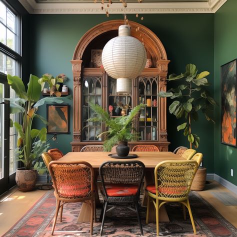 Colorful Chic Apartment, Colorful Eclectic Dining Room, Vintage Maximalist Decor Kitchen, Bold Maximalist Decor, Dark Botanical Old World Decor, Dining Room Maximalist, Vintage Eclectic Dining Room, Modern Dining Table Luxury, Dining Room Decor Boho