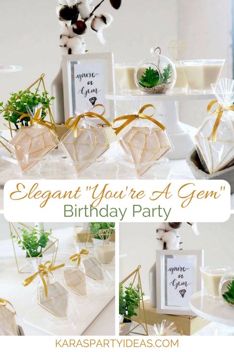 Elegant “You’re a Gem” Birthday Party via KarasPartyIdeas - KarasPartyIdeas.com Jewel Party Decorations, Gems Theme Birthday Party, Gemstone Party Decorations, Diamonds Are Four Ever Birthday, Gem Party Ideas, Jewelry Theme Party Ideas, Diamond Theme Birthday Party, She’s A Gem Birthday Party, Diamond Birthday Theme Party Ideas