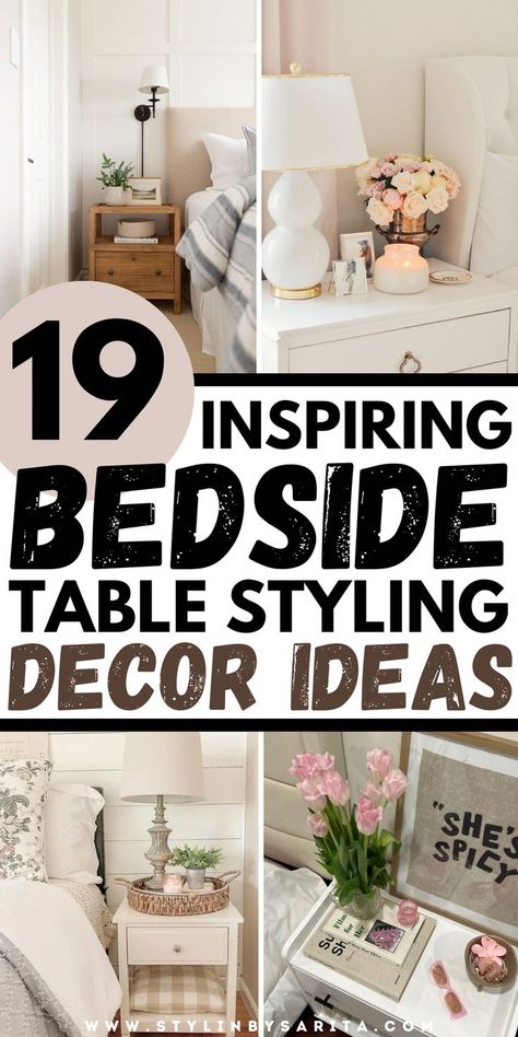 bedroom side table decor ideas Small Night Stands Bedside Tables, Modern Farmhouse Bedroom Master Suite Side Tables, How To Decorate Bed Side Tables, 2 Nightstand Decor, Top Of Nightstand Decor, Dark Nightstand Decor, Nightstand Plant Decor, Nightstand Decor Without Lamp, Small Bedside Table Decor