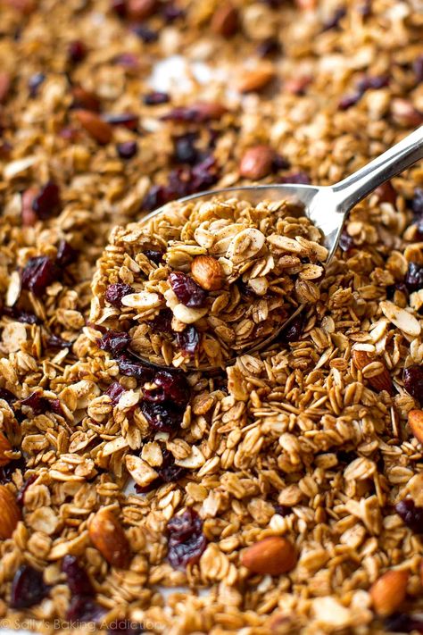 Indulge in the delightful combination of maple, almond, and cranberry with this homemade granola recipe inspired by Sally's Baking Addiction. Perfect for a wholesome breakfast or a tasty snack, this granola brings together the sweetness of maple syrup with the nutty crunch of almonds and the tartness of cranberries. Japanese Cabbage Salad, Pecan Granola, Wholesome Breakfast, Homemade Granola Recipe, Cabbage Salad Recipes, Salad Inspiration, Granola Recipe Homemade, Almond Granola, Sally's Baking