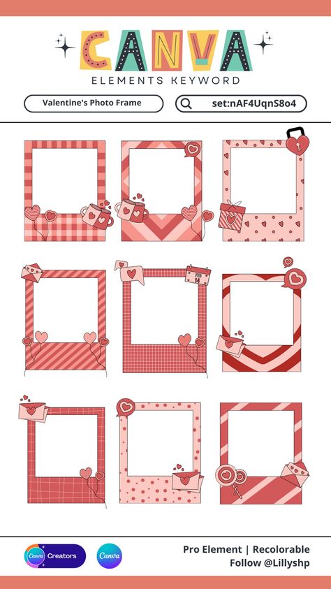 Valentine Photo Frame | Canva Elements Keyword  creativeelements #canvaedit #minimalisticelement Canva Cute Templates, Canva Keywords Elements, Canva Free Elements, Canva Codes, Washi Tape Journal, Canva Keywords, Canva Frames, Wedding Planner Binder, Keyword Elements Canva