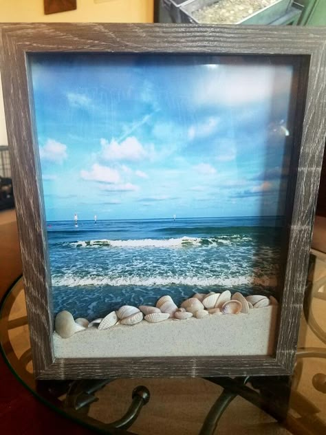 Beach House Wall Decor Living Room, Shells On Frames, Sand And Shells From Vacation, Diy Seashell Crafts Vacation Memories, Beach Picture Frames Diy, Beach Sand And Shells Keepsake, Sand Dollar Shadow Box Diy, Beach Shells Display, Beach Memory Ideas